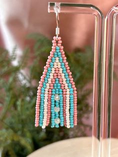 Pink Dangle Earrings, Beaded Fringe Earrings, Bead Loom Patterns, Bead Loom, Earrings Pink, Loom Patterns, Beaded Fringe, Earrings Blue, Seed Bead Earrings