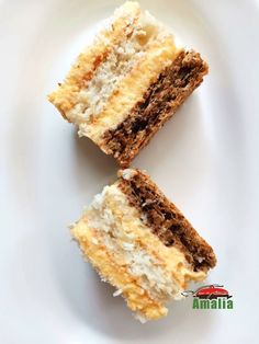 three pieces of cake sitting on top of a white plate