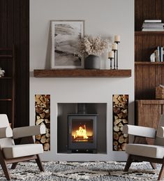 a living room with two chairs and a fire place in the middle of the room