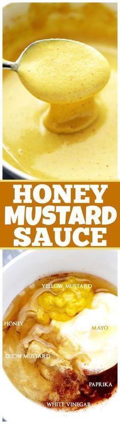 honey mustard sauce in a white bowl with spoon and label on the side that reads honey mustard sauce