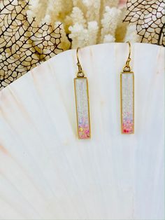 *Gold* Coral pink ombre Opal and Beach rectangle drop Earrings~ Beautiful Beach Sand Earrings A stunning reminder of relaxing, sunny days and sandy toes! Anna Maria Island, Fl Beach Sand ~Each pair of Opal and Beach Sand earrings are Unique and Beautiful!! Your earrings will not be an exact replica of the photos shown.  D E T A I L S ~~This listing is for ONE pair of Gold Coral pink ombre opal and beach sand bar earrings. ~Coral opal, Unicorn purple and baby pink opal ombre colored earrings ~The Rectangular Gold Summer Jewelry, Gold Rectangular Jewelry For Summer, Rectangular Gold Jewelry For Summer, Summer Gift Jewelry With Long Drop Shape, Rectangular Summer Earrings As Gift, Pink Beach Jewelry With Matching Earrings, Pink Jewelry With Matching Earrings For Beach, Unicorn Purple, Colored Earrings