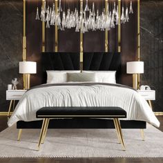 Mercer41 Color: Black, Bed Size: Twin | Mercer41 Lakeysa 4 Piece Bedroom Set 47.83 H x 43.5 W x 80.51 D in yellow / Upholstered in Black | Twin | Wayfair Black And Gold Bedroom Furniture, Bedroom Inspirations For Small Rooms, Bed Inspo, Contemporary Bedroom Sets, Twin Bedroom Sets, Wall Panels Bedroom, Wood Bedroom Sets, Black Bed, King Upholstered Bed