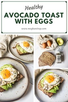 healthy avocado toast with eggs on top and in between the two pictures, there is an open - face sandwich