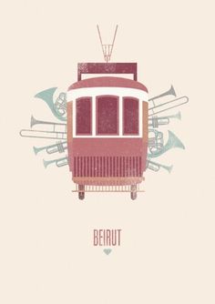 a red trolley car sitting on top of a white wall with musical instruments around it