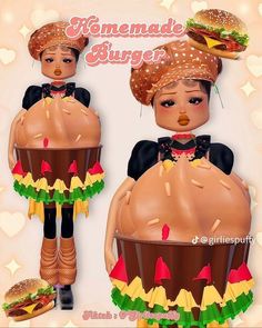 two dolls are dressed in costumes with hamburgers on them