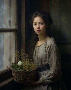 a painting of a woman holding a basket full of flowers in front of a window