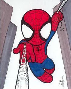 a drawing of a spider - man hanging upside down