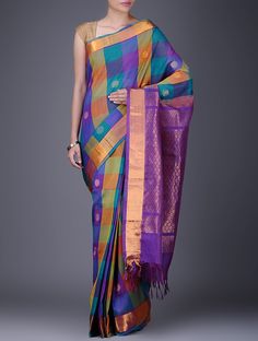 Purple-Blue Checkered Cotton Silk Saree with Zari Border on Jaypore.com Matching Ideas, Blouse Ideas, Cotton Silk Saree, Colour Matching, Blue Checkered