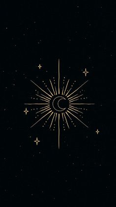 the sun and moon are shining in the dark sky with stars on it, as well as an arrow