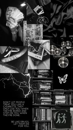 black and white collage with words, pictures, and images in the middle one has a butterfly on it