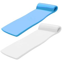 a blue and white foam mattress next to a roll of toilet paper on a white background