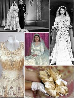 the royal wedding gowns and tiaras are shown in black and white, with gold accents