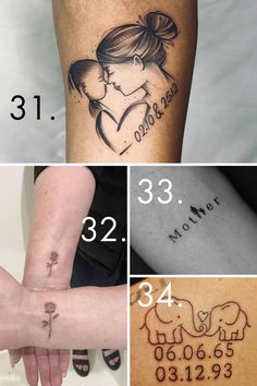 four different tattoos are shown with numbers and symbols on the arm, wrist, leg