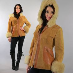 Vintage 70s brown suede leather and shearling fur trim jacket hooded zip up M Medium by SHABBYBABE on Etsy Brown Leather Hooded Winter Jacket, Brown Leather Hooded Jacket For Winter, Fitted Hooded Fur Coat For Winter, Brown Hooded Jacket With Zipper For Winter, Winter Brown Hooded Jacket With Zipper, Brown Hooded Jacket For Fall With Zipper Closure, Brown Hooded Jacket For Fall With Zipper, Brown Fitted Hooded Jacket For Fall, Fitted Brown Hooded Jacket For Fall