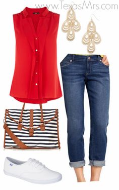 4th of July outfit idea. Perfect for those ladies who dont like to wear heels wedges or sandals. Fashion Definition, Mode Tips, Patriotic Outfit, Fashion Leggings, Traje Casual, Red Shirt, Komplette Outfits, 80s Fashion