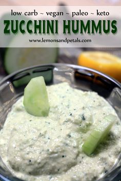 cucumber and celery dip in a glass bowl with text overlay