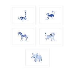 four blue and white pictures with animals on them, one is giraffe, the other is zebra