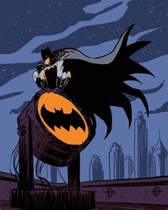 batman and bat on top of a barrel with city in the background