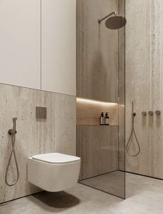 a bathroom with a toilet, shower head and glass partition in the wall next to it