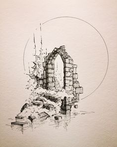 a drawing of an arch in the middle of a wall with debris on it and water below