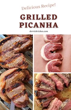 delicious grilled picanha recipe with the title in red and white above it