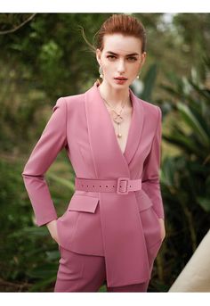 This Pink V-Neck Two Piece Business Pants Suits Set is perfect for professional women to look sharp and stylish in the workplace! With its sleek v-neck design and soft, pink material, you'll exude confidence and sophistication in this stylish pantsuit. Make a fashion statement and up your workwear game with this amazing and stylish set! Pink Two Piece Business Ladies Pants Suits Set Fabric Type: Worsted Style: Pants Suits Closure Type: Single Breasted Sleeve Length(cm): Full Decoration: Button, Ladies Suit Design, Formal Suits For Women, Elegant Pants Suits, Chic Belt, Women Suits Wedding, Ladies Suit, Ladies Pants, Pink Two Piece, Elegant Pant