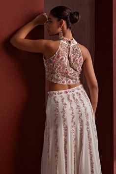 White lehenga featuring dabka embroidered floral vine motifs highlighted by beads and sequin embellishments. Comes with matching floral resham embroidered padded blouse and dupatta. - Aza Fashions White Lehenga, Padded Blouse, Floral Vine, Fashion App, Band Collar, White Blouse, Set For Women, Aza Fashion, Lehenga