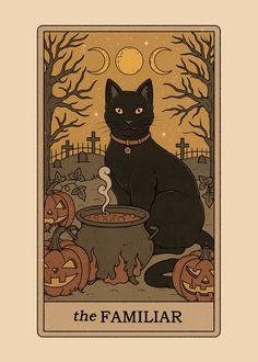 a black cat sitting on top of a caulder filled with food next to pumpkins