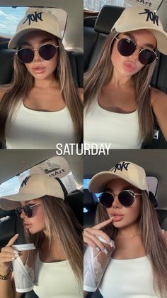 four different pictures of a woman wearing sunglasses and a hat with the word ok on it