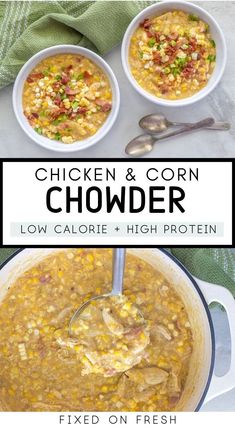 chicken and corn chowder in two white bowls with spoons