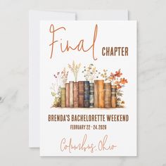 a card with books and flowers on it that reads,'final charter'in orange ink