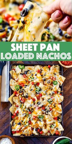 a sheet pan filled with loaded nachos and the title overlay reads sheet pan loaded nachos