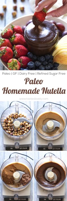 the steps to make homemade nutella in a food processor with chocolate and strawberries