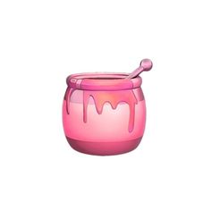 a pink jar with a spoon sticking out of it's lid and dripping liquid