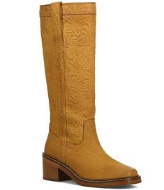 Frye Kate Pull-On Floral Embossed Leather Boots | Dillard's Western Leather Boots With Block Heel, Dillard's, Leather Accessories, Embossed Leather, Leather Boots, Clothing Accessories, Heel Height, Leather Upper, Boots