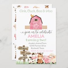 an animal themed birthday party with farm animals on the front and barn in the back