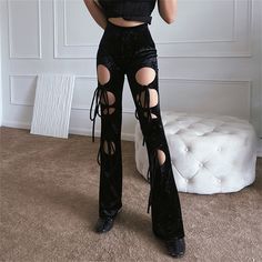 Size: M Retro Summer Outfits, Lace Up Trousers, Velvet Flare Pants, Street Punk, Trendy Pants, Velvet Flares, High Waist Fashion, Women Street, Flare Leg Pants