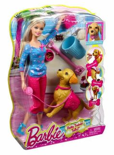 the barbie doll is playing with her dog