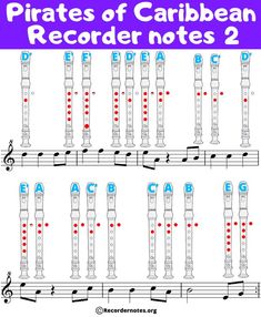 the pirates of caribbean recorder notes are arranged in blue and white, with red dots on each