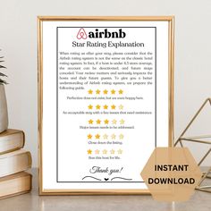 an air bnb star ratings poster is displayed next to some books and a potted plant