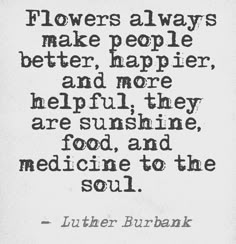 a quote on flowers that reads flowers always make people better, happier and more helpful they are sunshine, food and medicine for the soul