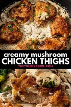 creamy mushroom chicken thighs in a skillet with white sauce and broccoli on the side