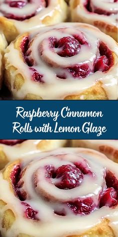 raspberry cinnamon rolls with lemon glaze on top and in the middle, ready to be eaten