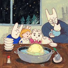 an image of a family having dinner at the table with bunnies in front of them