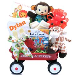 Wild and Wonderful Jungle Pal Wagon Gift - Simply Unique Baby Gifts Classic Baby Books, Welcome Wagon, Baby Hooded Bath Towel, Radio Flyer Wagons, Baby Shower Registry, Baby Teether Toys, Radio Flyer, Baby Baskets, Baby Einstein