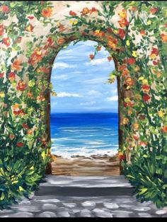 a painting of an archway leading to the beach with flowers on it and water in the background