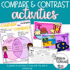 The skill of comparing and contrasting can be a tricky one, but it doesn't have to be stressful! This skills packet can be used in your classroom with very little prep work on your part.Included:  8 Comparing cards with pictures 8 Comparing cards with words and pictures 4 Comparing cards with paragraphs Various Recording pages - Venn diagrams and T-charts with and without lines Whole group activity idea with anchor chart Anchor chart headings and arrows 3 different comparing stories (great for e Compare And Contrast Activities, Compare Contrast Activities, Interactive Notebooks Templates, Cards With Pictures, Venn Diagrams, Interactive Notebook Activities, Venn Diagram, Early Finishers, Anchor Chart