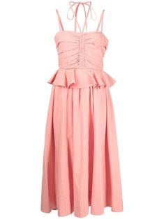 salmon pink linen blend ruffled detailing halterneck tie fastening concealed rear zip fastening spaghetti straps calf-length Ruffled Midi Dress, Ulla Johnson Dress, Midi Dress Pink, Midi Ruffle Dress, City Dress, Pink Linen, Pink Midi Dress, Salmon Pink, Ulla Johnson