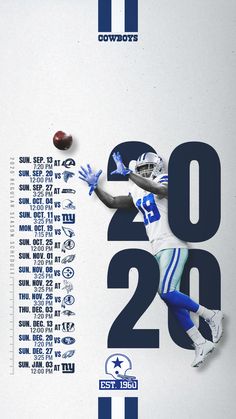 a football player catching a ball with the numbers 20 20 in front of him on a poster