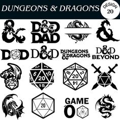 various logos and emblems for the game, including dragon's & dragon's